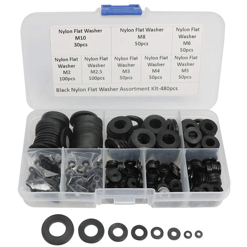 480 Pcs Nylon Flat Round Washers Gaskets Spacers Assortment Set for Screw Bolt(Black) | Обустройство дома