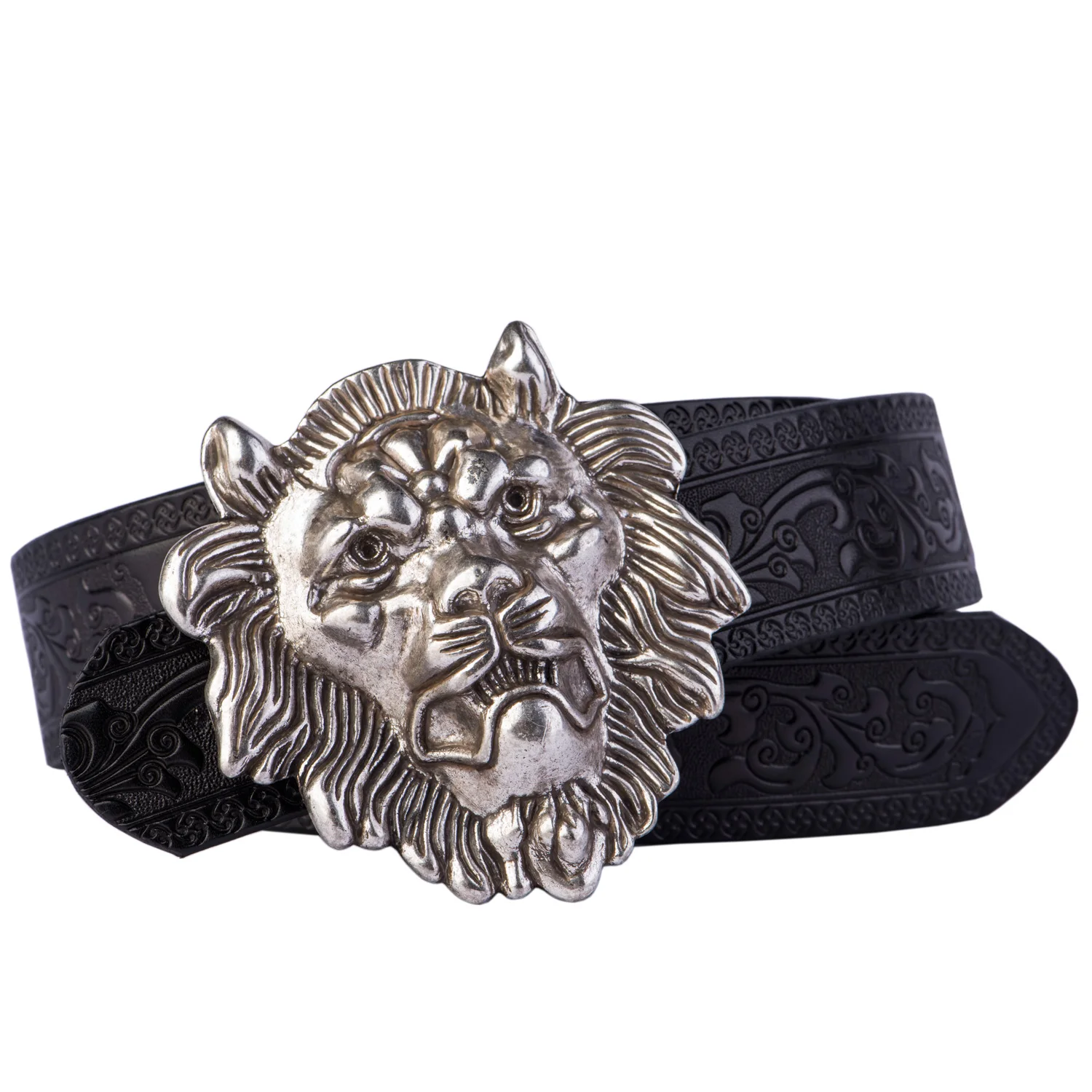 Genuine Leather Strap Male Belts For Men Women Cowhide Vintage Lion Head Buckle Belt Carving Vines