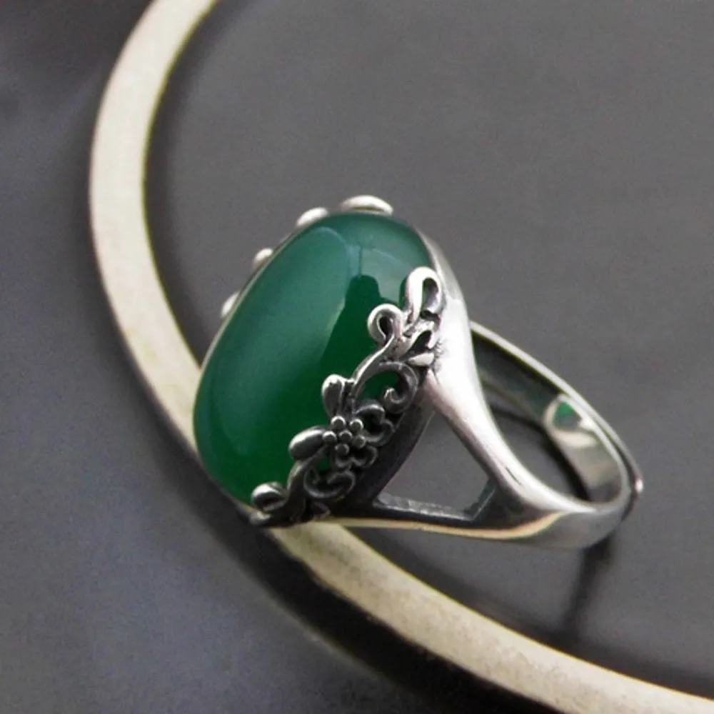 

S925 silver wholesale natural green chalcedony handmade sterling silver ring style atmosphere Woman's silver ring