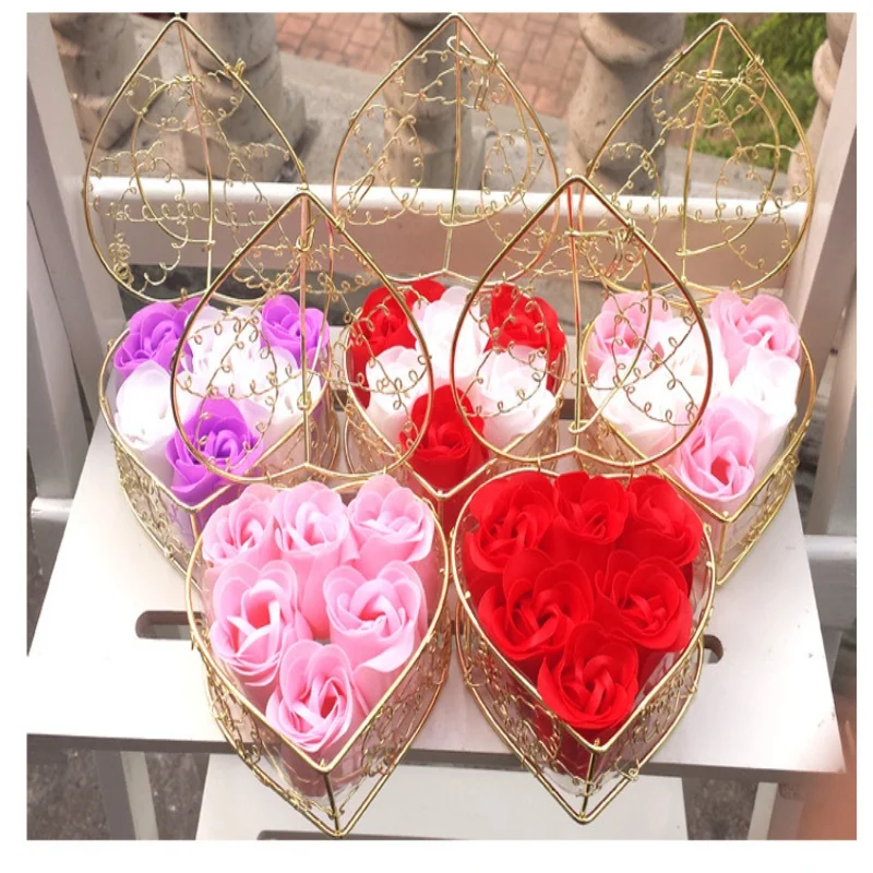 

s-Petals Gold-Plated Iron Heart Shape Basket With 6 Soap Flower Roses Scented Flower Soap Best Gifts Ideas For Women