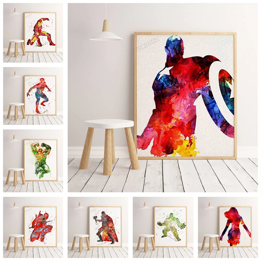 

Настенная картина Marvel Мстители, рисунок на холсте, акварель, супергерой, мультфильмы, постеры для детской комнаты, Настенный декор, постеры, ...