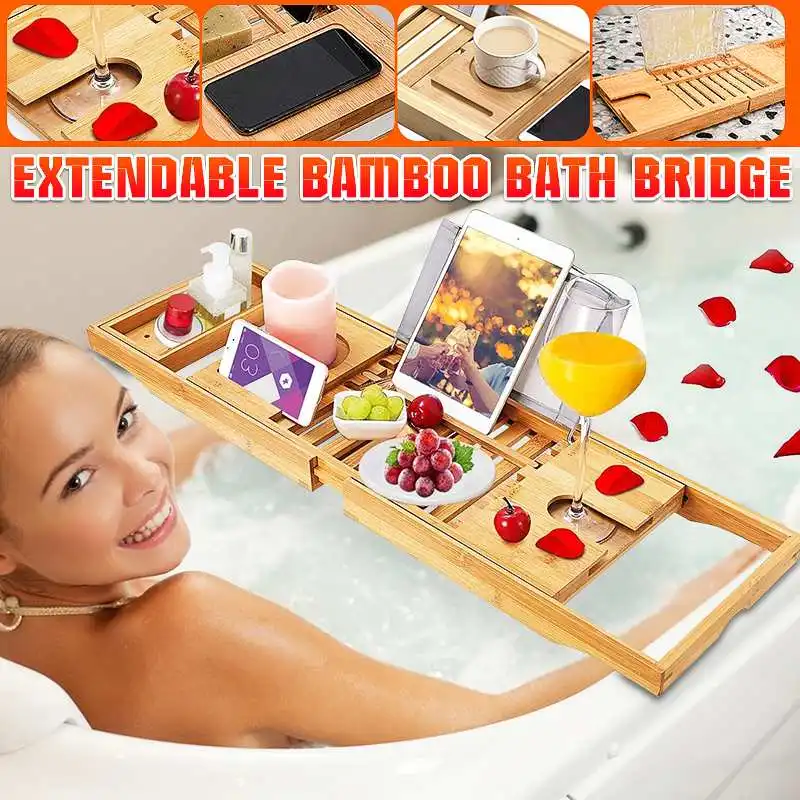 

Bamboo Bathtub Tray Shelf For Bath Tub Tray Spa Bathtub Book Wine Tablet Holder Reading Rack Bathtub Bathroom Accessories
