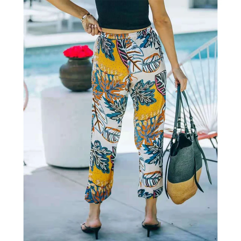 Брюки с цветочным принтом женские брюки широкими штанинами бантом на поясе