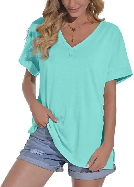 

2021 New Summer Women's Tops V-Neck Cotton T Shirts Solidcolor Short Sleeve Tees Casual Loose Pius Size Femmel T-Shirt