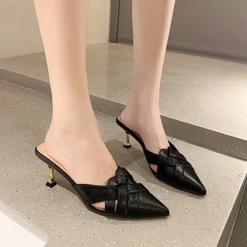 

2021 Summer Slippers Women Shoes Pointed Woven High Heels Fashion Women Heels Stilettos Mules Loafer Casual Feminine Sandalias
