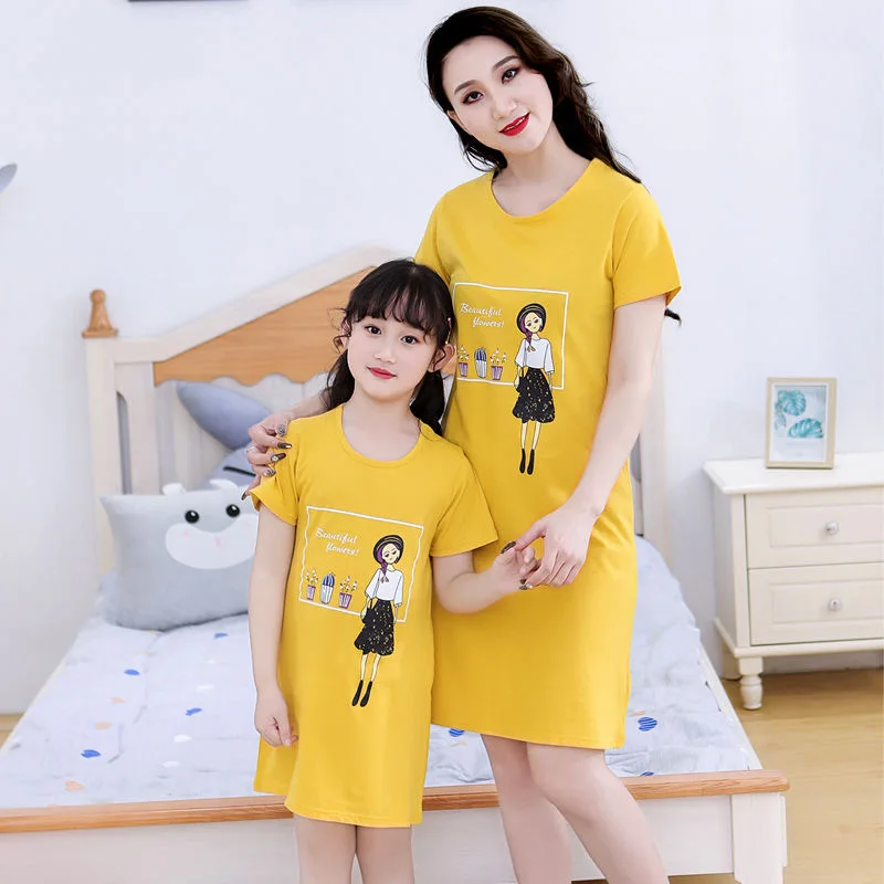 Mother Kids Pajamas Family Matching Clothes Mom Daughter Nightgowns Summer Cotton Night Dress Girls Women Nightwear Sleepshirts | Мать и