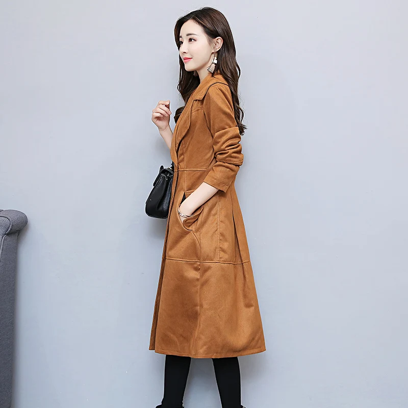 Женская Длинная ветровка корейское пальто из искусственной оленьей кожи