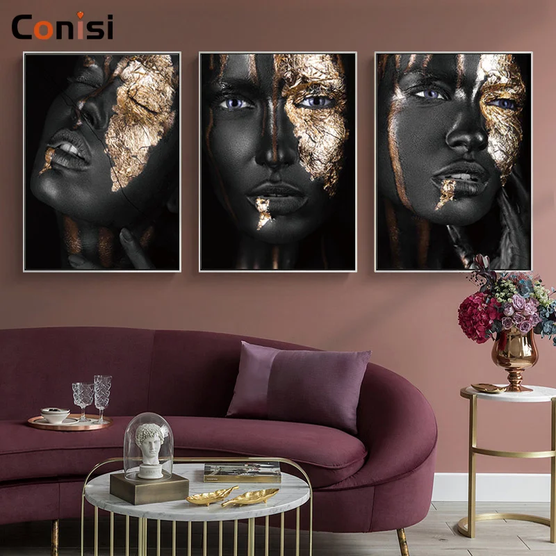 Conisi африканская черная и Золотая женщина HD картина маслом на холсте плакаты