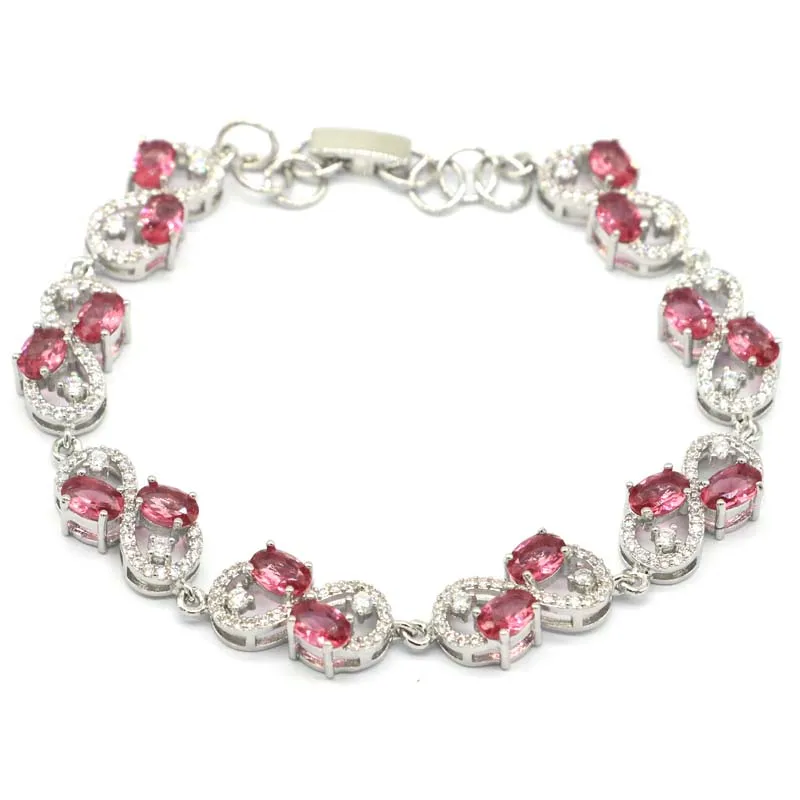 

17x9mm Elegant Created Pink Tourmaline Green Peridot White CZ Ladies Party Silver Bracelet 7.5-8.5inch