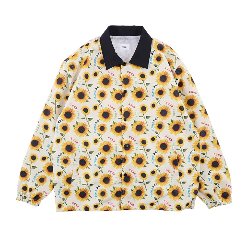 

tide brand Autumn and Winter New Sunflower English alphabet pattern stand collar Men's Casual Floral Jacket Loose Coat