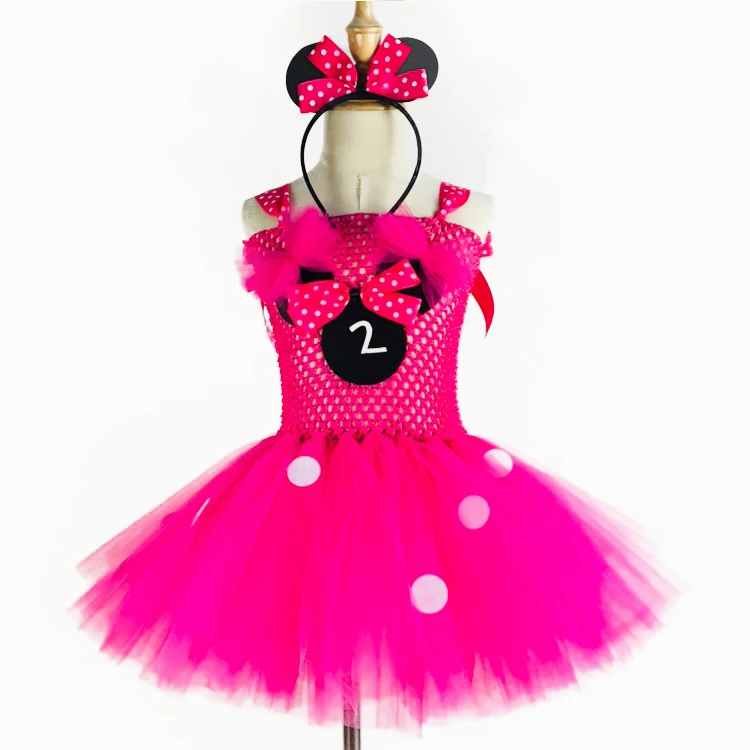 Lovely Baby Pink Mickey Cartoon Tutu Dress Girls Crochet with White Dots and Hairbow Children Birthday Party Costume | Детская одежда и