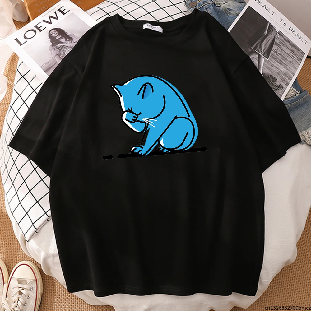 

Humble Blue Cartoon Cat Printing Women T-Shirt Harajuku Top Creativity Comfortable Vintage Breathable Tshirt WoWomen
