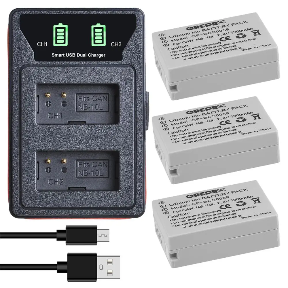 

3 Pcs NB-10L NB10L NB 10L Battery + LED Dual USB Charger with type-C port for Canon G1X G15 G16 SX40HS SX50HS SX60HS SX40 SX50