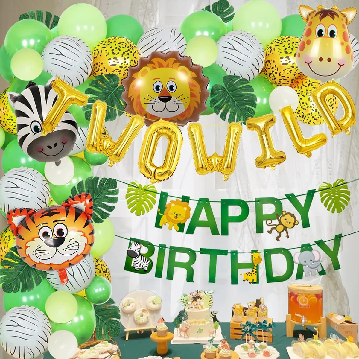 

Jungle Theme Balloons Set TWO WILD Animals Balloons Green Artificial Palm Leaves for Boy 2nd Happy Birthday Party Decoration