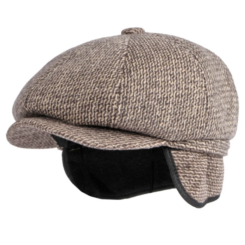 HT3857 Men Cap Hat Thick Warm Winter Wool Hat Male Ivy Octagonal Newsboy Flat Cap Vintage Beret Hat Elder Man Earflap Beret Cap