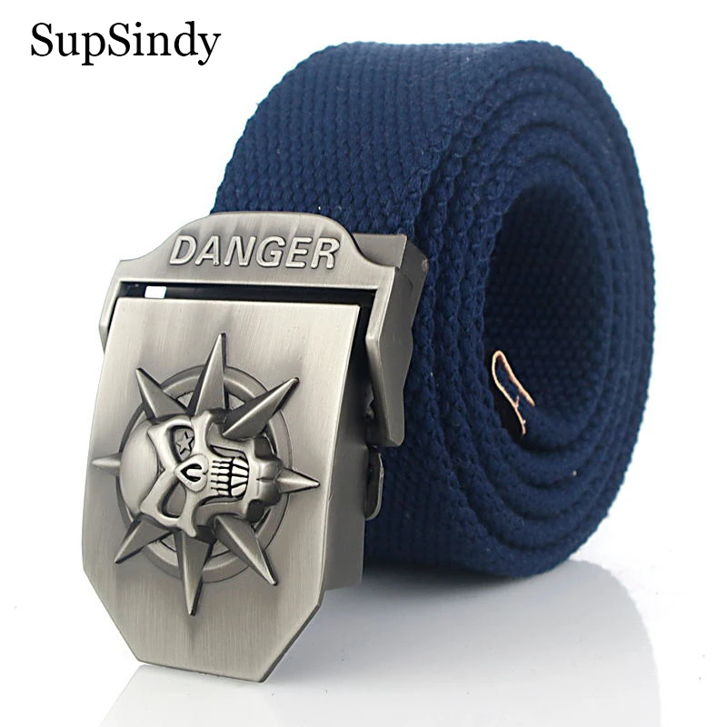 SupSindy Men Canvas Belt Danger Skull Luxury Metal Buckle Jeans Waistband Army Military Tactical Belts for Men Strap Male Black