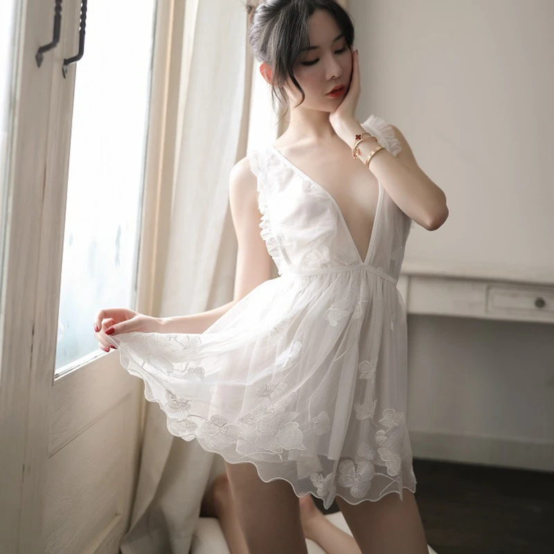 

Кружевные ночные рубашки, сексуальное ночное платье с глубоким v-образным вырезом, цветочное ночное белье с открытой спиной, ночная рубашка ...