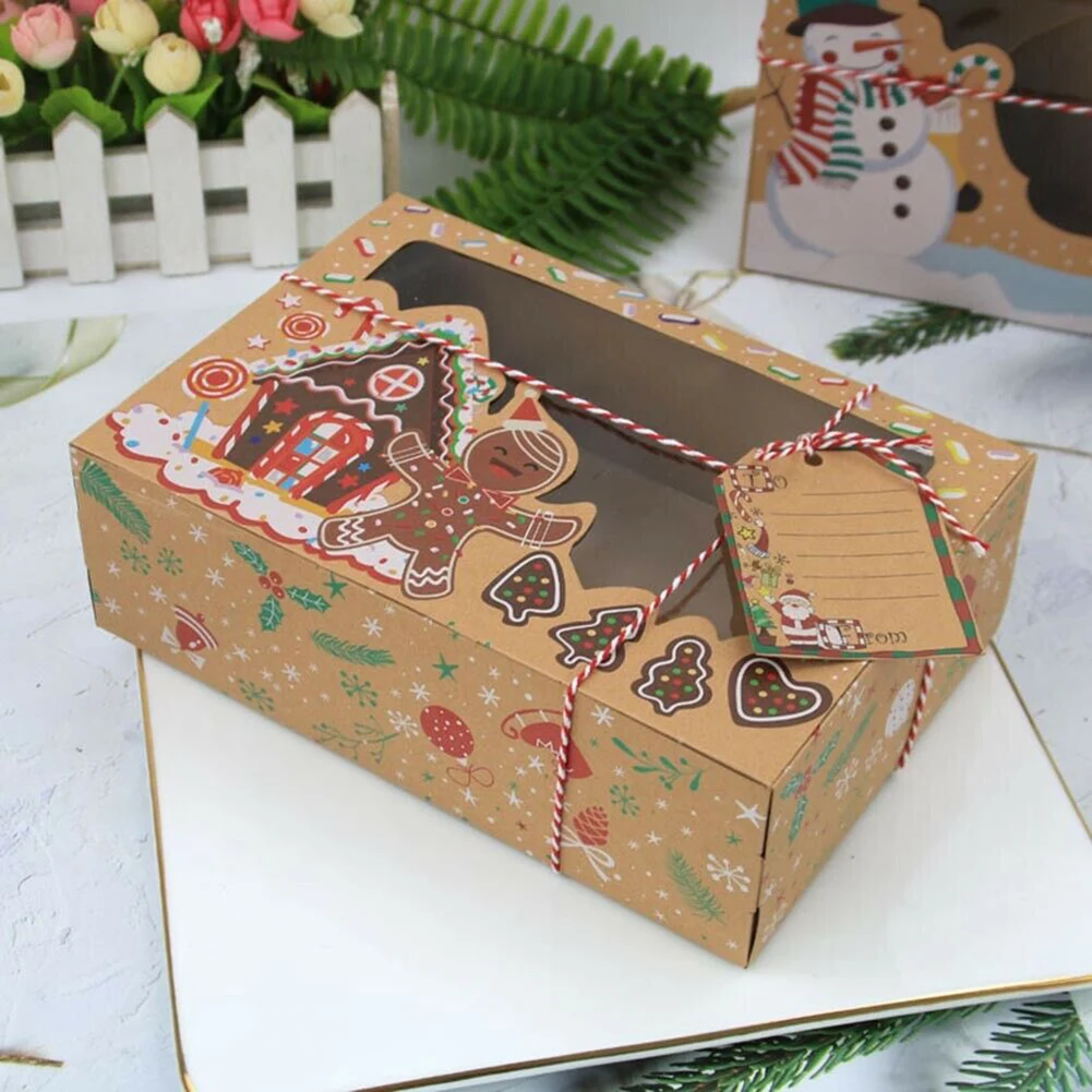 

Christmas Candy Cookie Box with Clear Window and Ribbons Kraft Paper Box for Gift Giving Christmas Party Supplies F2