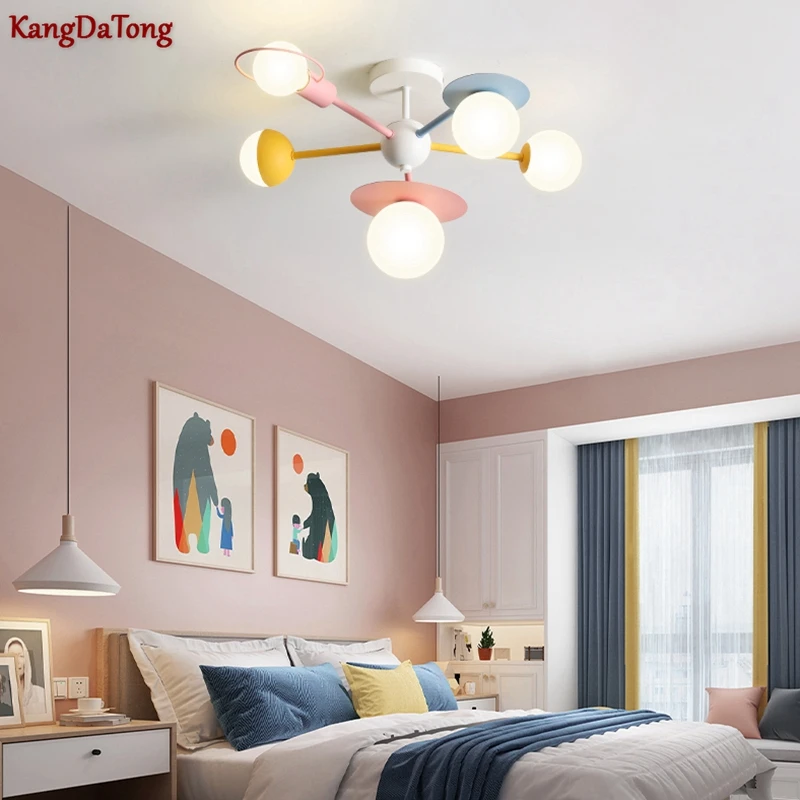 Macaron Cartoon Children Room Bedroom Light Boy Princess Room Planet Led Chandelier Creative Eye Protection Decorative Light