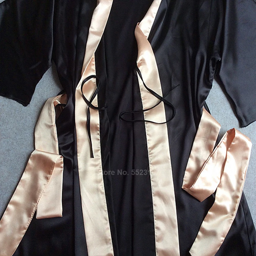 Халат кимоно Женский атласный длинный элегантная гладкая одежда для сна черный