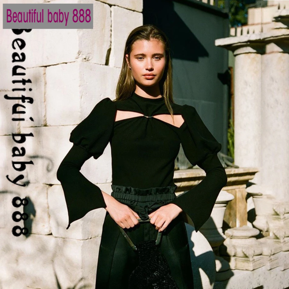 

2019 fashion Harajuku leisure tees autumn office lady pure hollow full sleeve tops women Elegant stretch Slim T-shirt wholesale