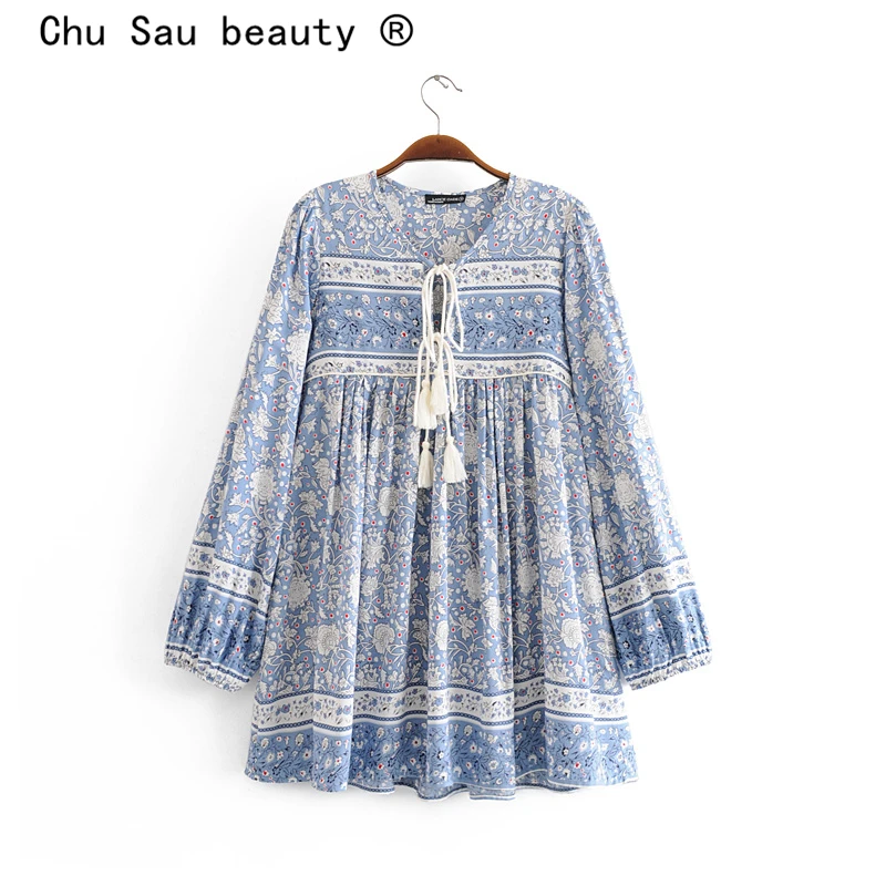 Женское платье миди с V образным вырезом винтажным принтом и бахромой|Женские