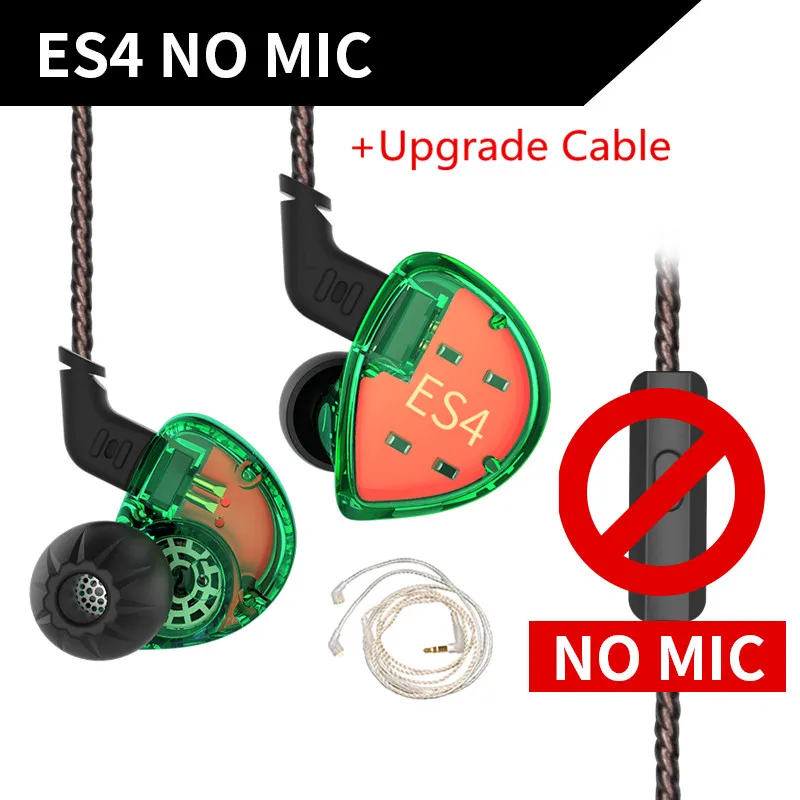 green no mic(silver KZ ES4 1DD+ 1BA Hybrid Hifi наушники-вкладыши Динамический драйвер шумоподавление Гарнитура замена кабеля AS10 ZS10 BA10 ZST ES3 ZSN - Цвет: green no mic(silver