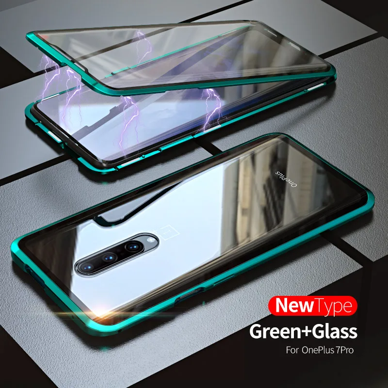 Green OnePlus 7 Pro Роскошный магнитный металлический чехол для Oneplus 7 Pro, переднее стекло, двойное стекло, защита экрана OnePlus7pro Oneplus7 360, полное покрытие - Цвет: Green OnePlus 7 Pro