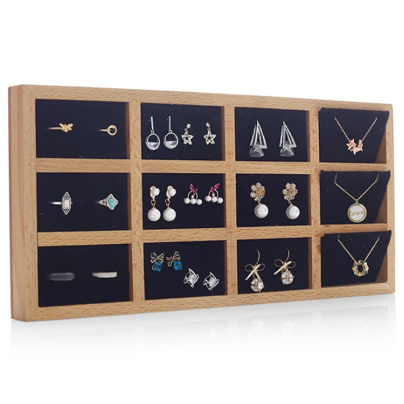 Hot Sale Solid Wood 12 Grid Plate Jewelry Rack Counter Display Tray Earring Rack Jewelry Storage Box Ring Necklace Display Stand