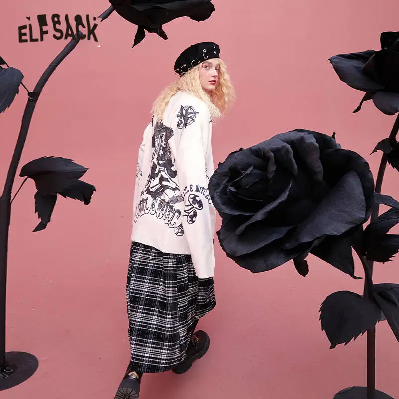 ELFSACK X Neimy Witch Print Loose Casual Pullover Women Sweaters,2020 Autumn Vintage Full Sleeve,Korean Female Daily Graphic Top