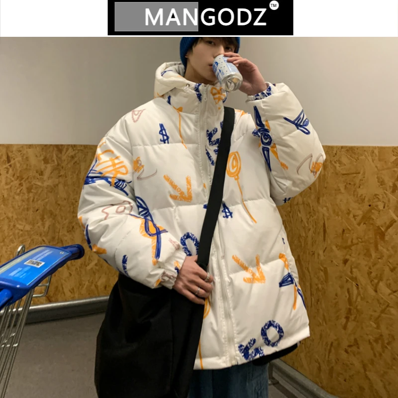 

Зимняя мужская куртка с капюшоном, забавное утепленное пальто с принтом граффити, парная одежда, модные повседневные мужские топы, уличная ...