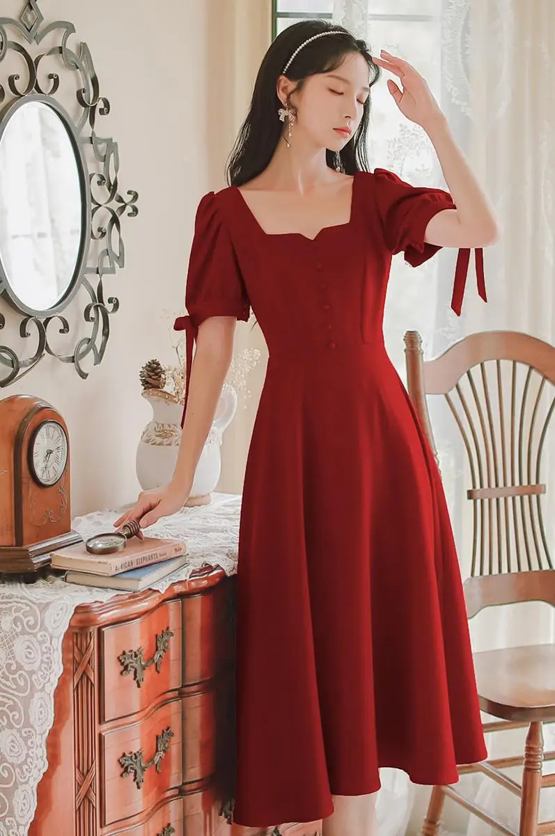 

COIGARSAM Vintage Women dress Summer Dresses Red 8125