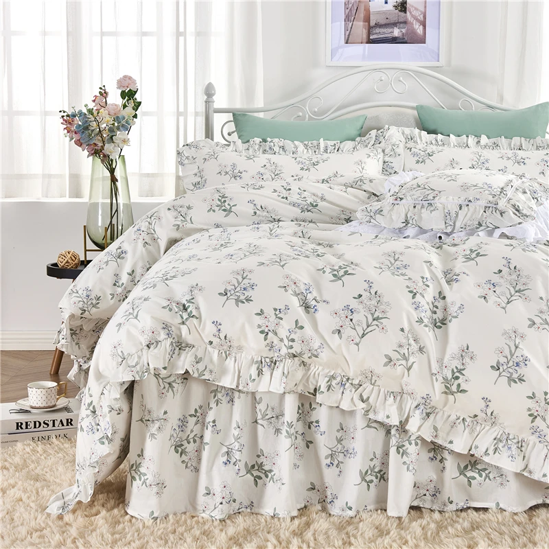 Хлопковый рельефный наволочка с оборками. Удобный наволочки и красивое зеленое постельное белье с маленькими свежими цветами, набор для постельного матраса HM-07F.