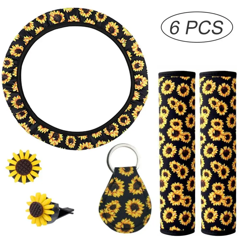 Sunflower Car Steering Wheel Cover with Seat Belt Pad Keychain Accessory Decor Set Car-styling Auto Accessories