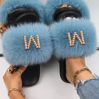 faux fur sandals fluffy slippers women pearl letter furry slides ladies flip flops flat outdoor plush slippers casual shoes 2021