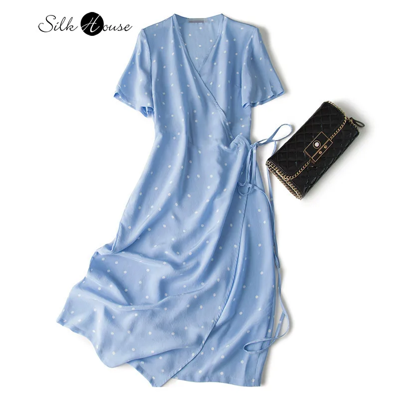 Женское шелковое платье с запахом пикантное в горошек из шелка тутового