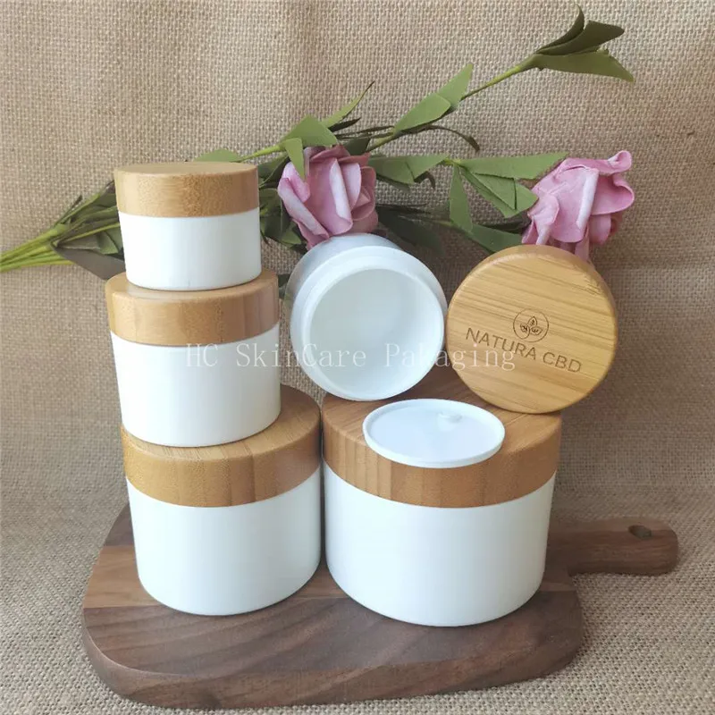 

100pcs/lot Custom logo white PP plastic bamboo cap cream jar for body butter ,CBD Hemp Cream wood 8OZ containers
