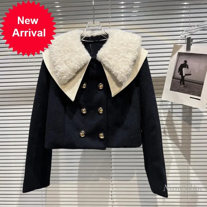 

Woolen Jacket Women 2021 Winter New Preppy Style Fleece Navy Shawl Collar Wool Blends Quilted Short Coat Ladies Top Outwear