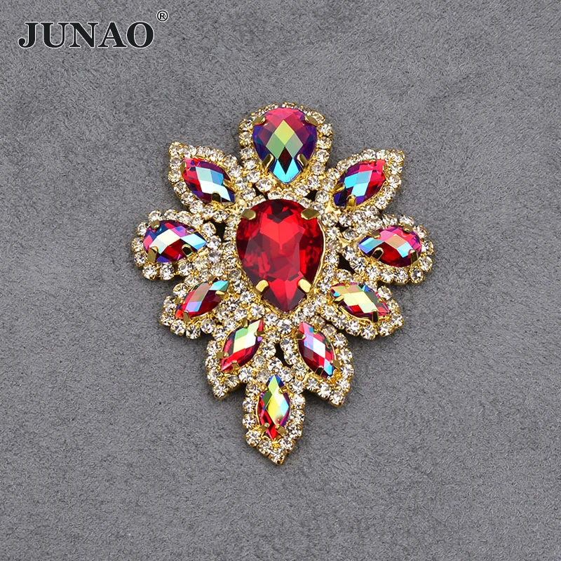 

JUNAO 45*59mm 2Pcs Sewing Red AB Glass Claw Rhinestones Flat Back Flowers Crystal Stone Applique Sewn On Glass Strass DIY Crafts