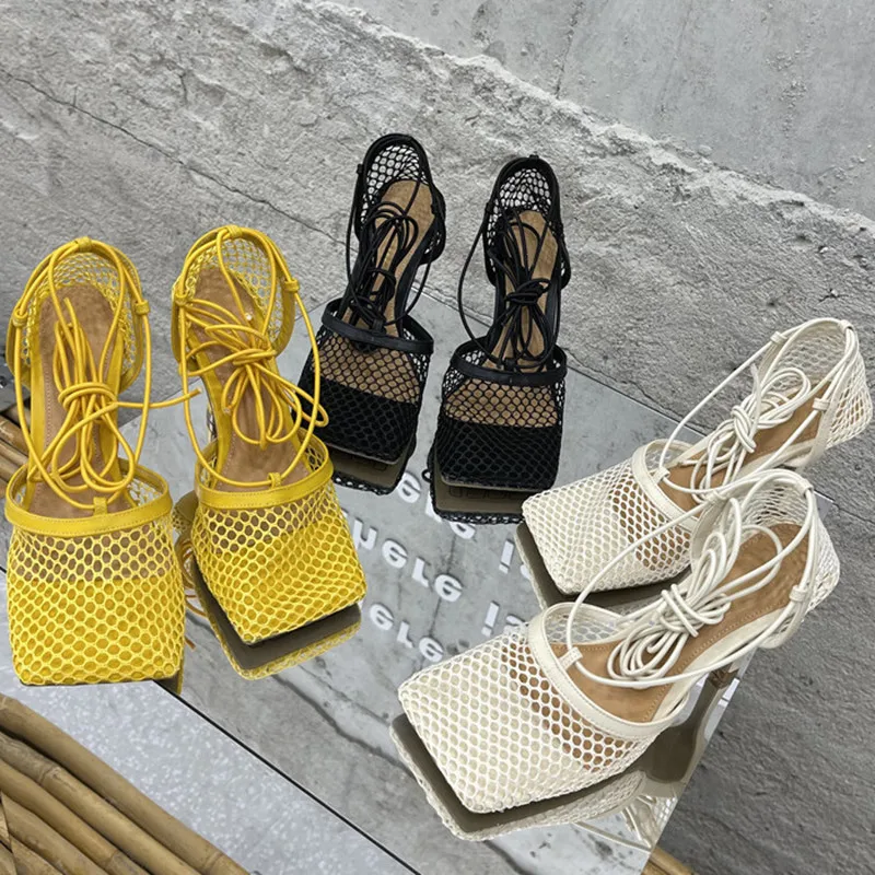 

Сандалии женские сетчатые на высоком каблуке 9 см, пикантные туфли-лодочки с квадратным носком, на шнуровке, с перекрестной шнуровкой, туфли-...