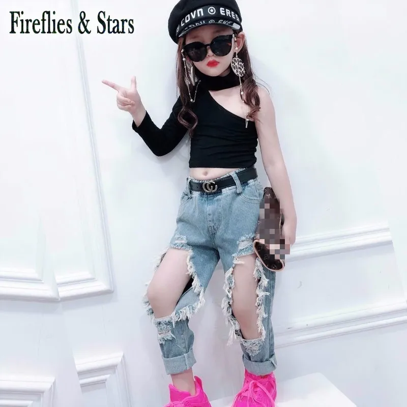 Летние джинсы для девочек детские джинсовые брюки уличная одежда модные рваные с