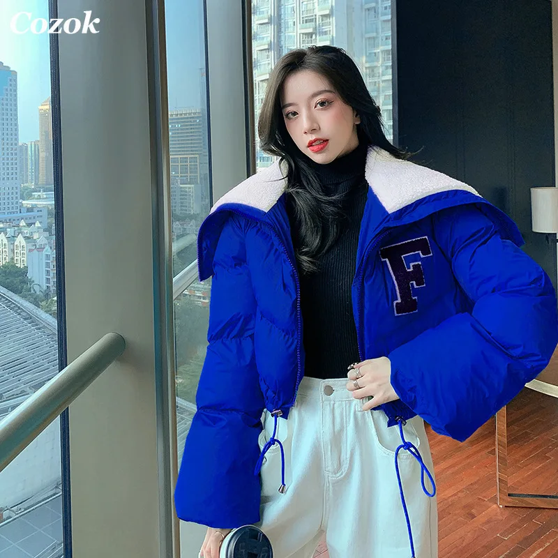Cozok 2021 Winter Long Sleeve Lambswool Sailor Collar Short Cotton Coat Women Drawstring Jacket