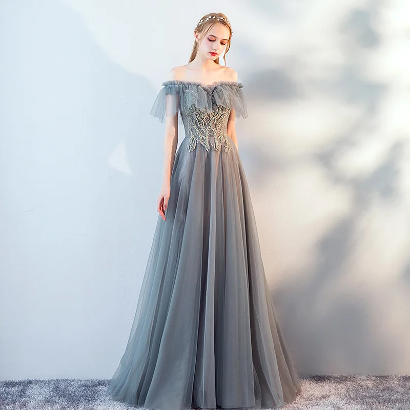 

Женское вечернее платье с открытыми плечами, элегантное серое платье в восточном стиле, расшитое бисером, для банкета