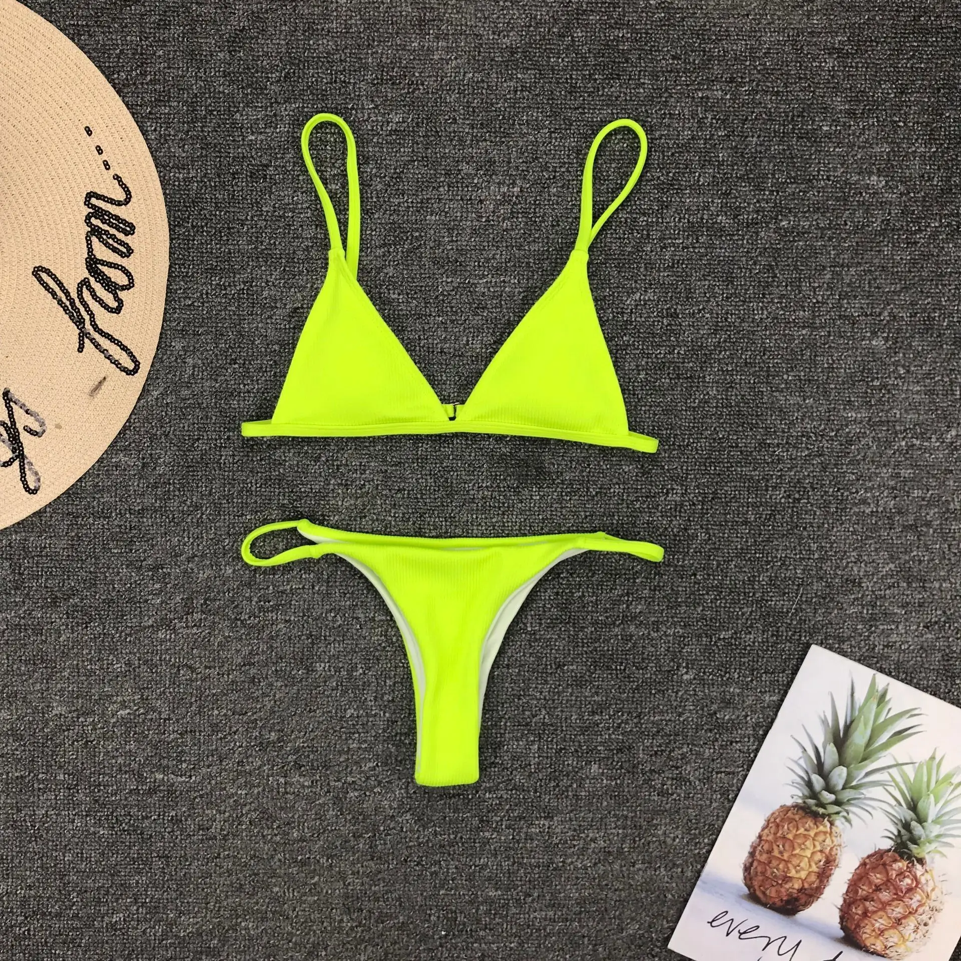 Бикини женское с низкой талией неоново желтое мини бикини бразильский