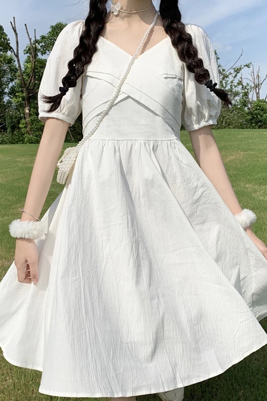 

Japanese- V-neck Pleated Design Puff Sleeve Sexy Backless Lace-up First Love Dress Female 2020 Summer lolita dress fairy kei