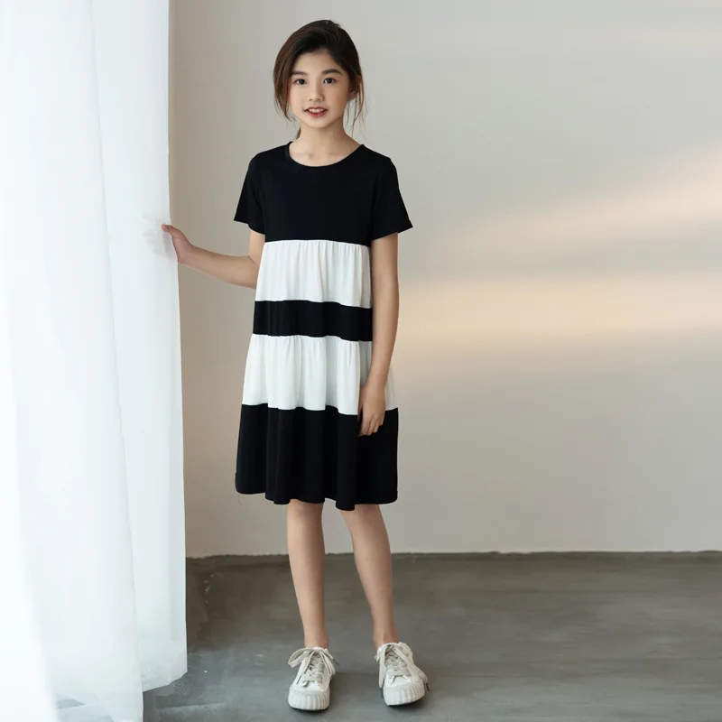 

8 To 16 Years, Girls Dress 2021 New Black and White Kids Clothes Black and White Patchwork 100% Cotton Knit Short Sleeve,#6055