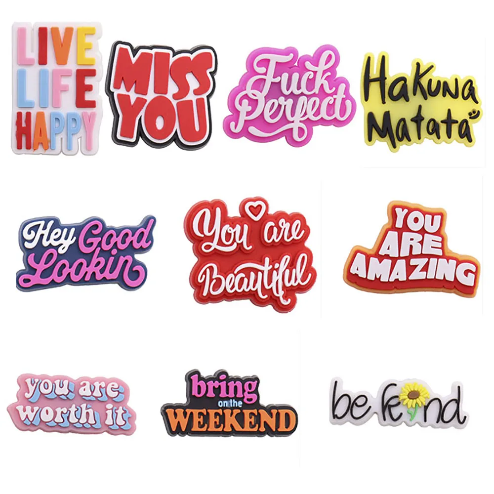 

Good Quality 1pcs Colorful English PVC Shoe Charms Good Happy Miss You Children Shoe Accessories Fit Croc Jibz DIY Party Gift