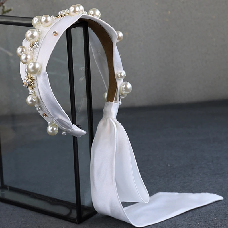 

Wedding Bridal Satin Headband Faux Pearl Beading Jewelry Church Party Hair Hoop U90E