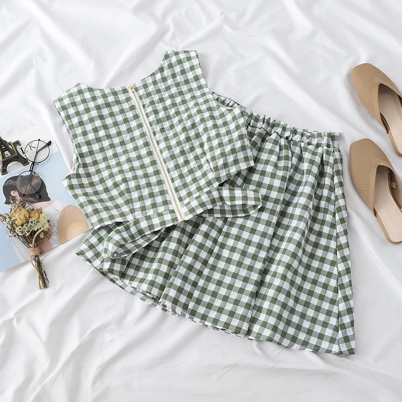 Женский клетчатый топ на молнии и юбка летний комплект из двух предметов с топом
