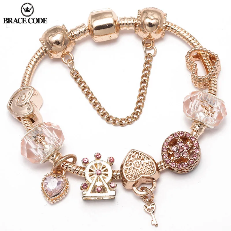 

New Rose Gold DIY Charm Bracelet With Love Heart Pendant Beads Brand Bracelets As Women Lover Fashion Jewelry Gifts